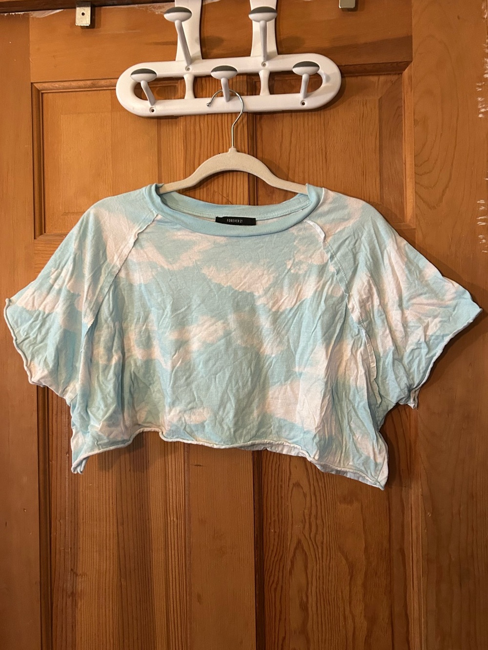 Forever 21 Light Blue and White Clouds Tie-Dye Crop Top